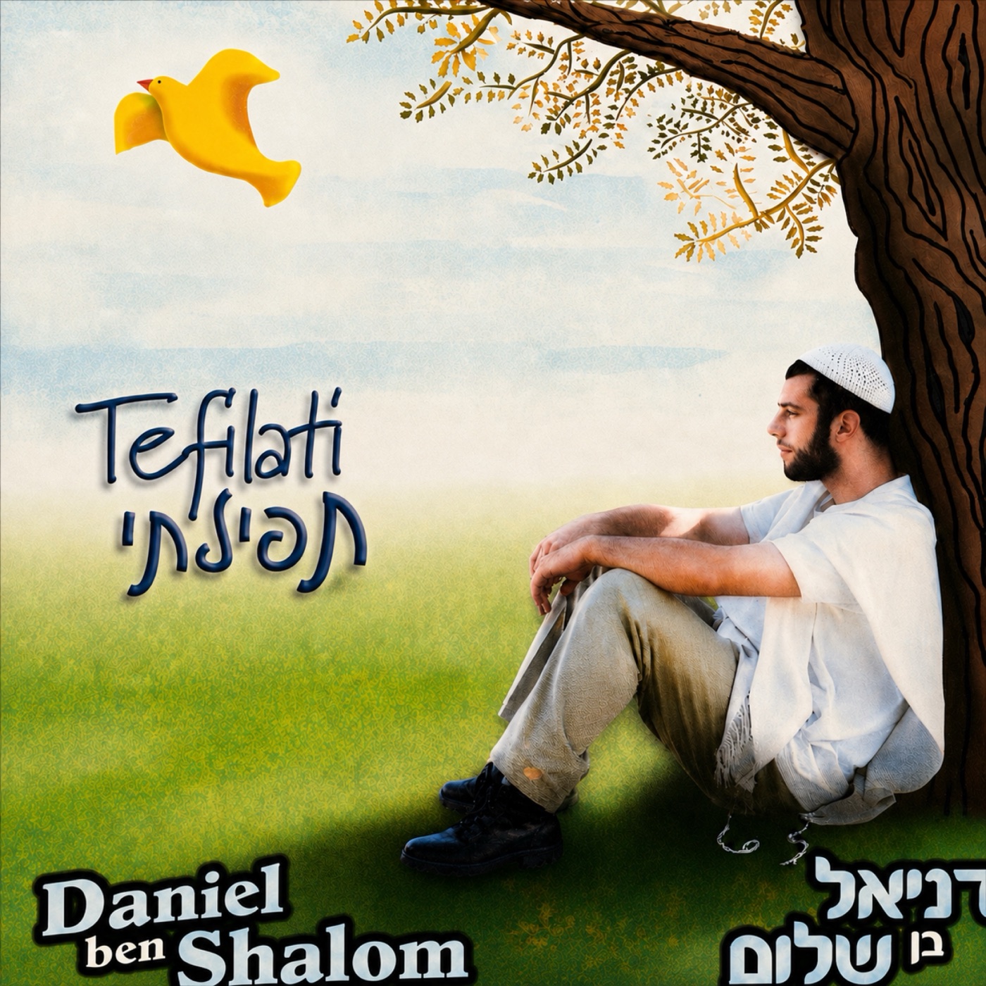 Front cover: illustrated meadow with Daniel sitting under a tree, a yellow bird flying above